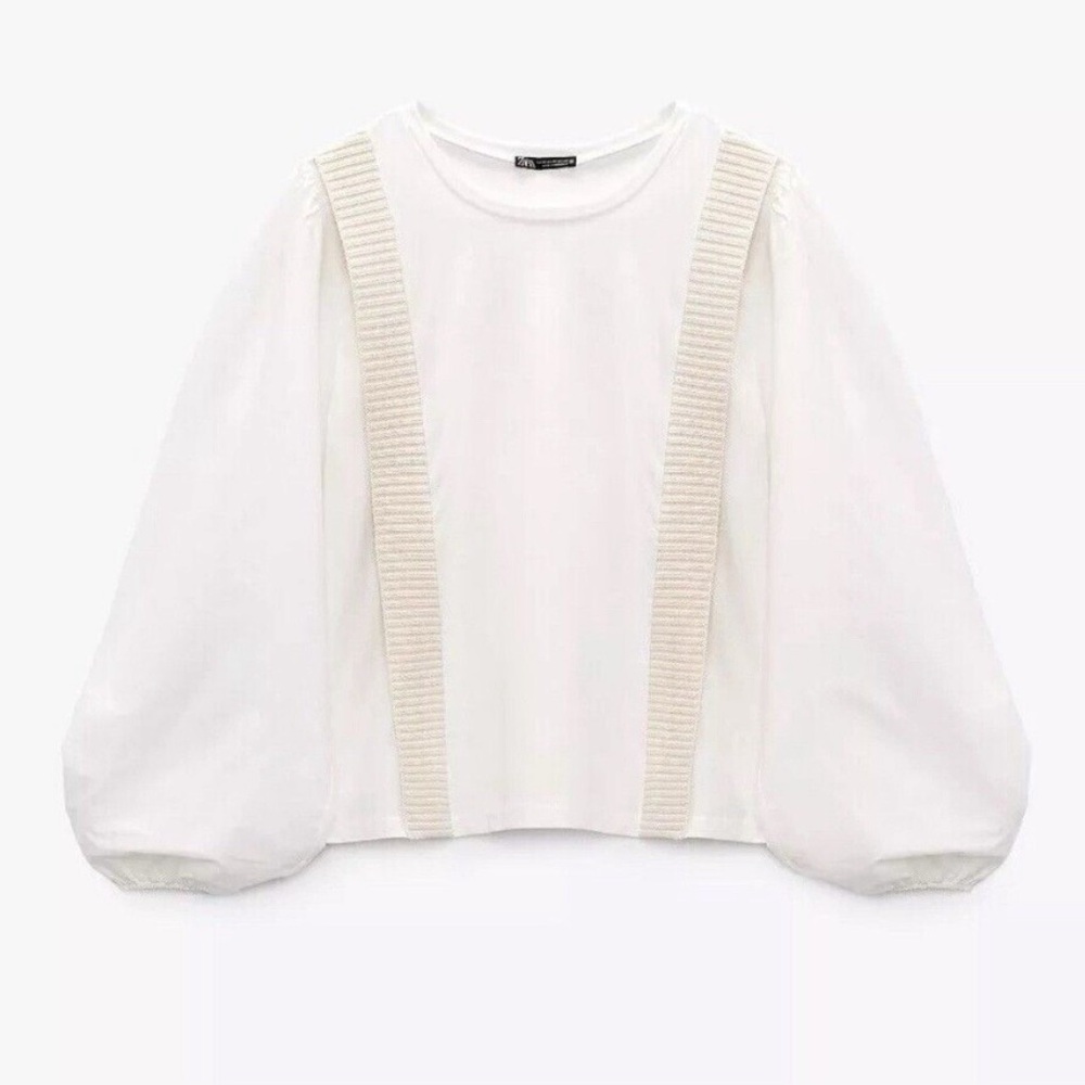Zara Long Puff Sleeve Shirt with Beige Trim